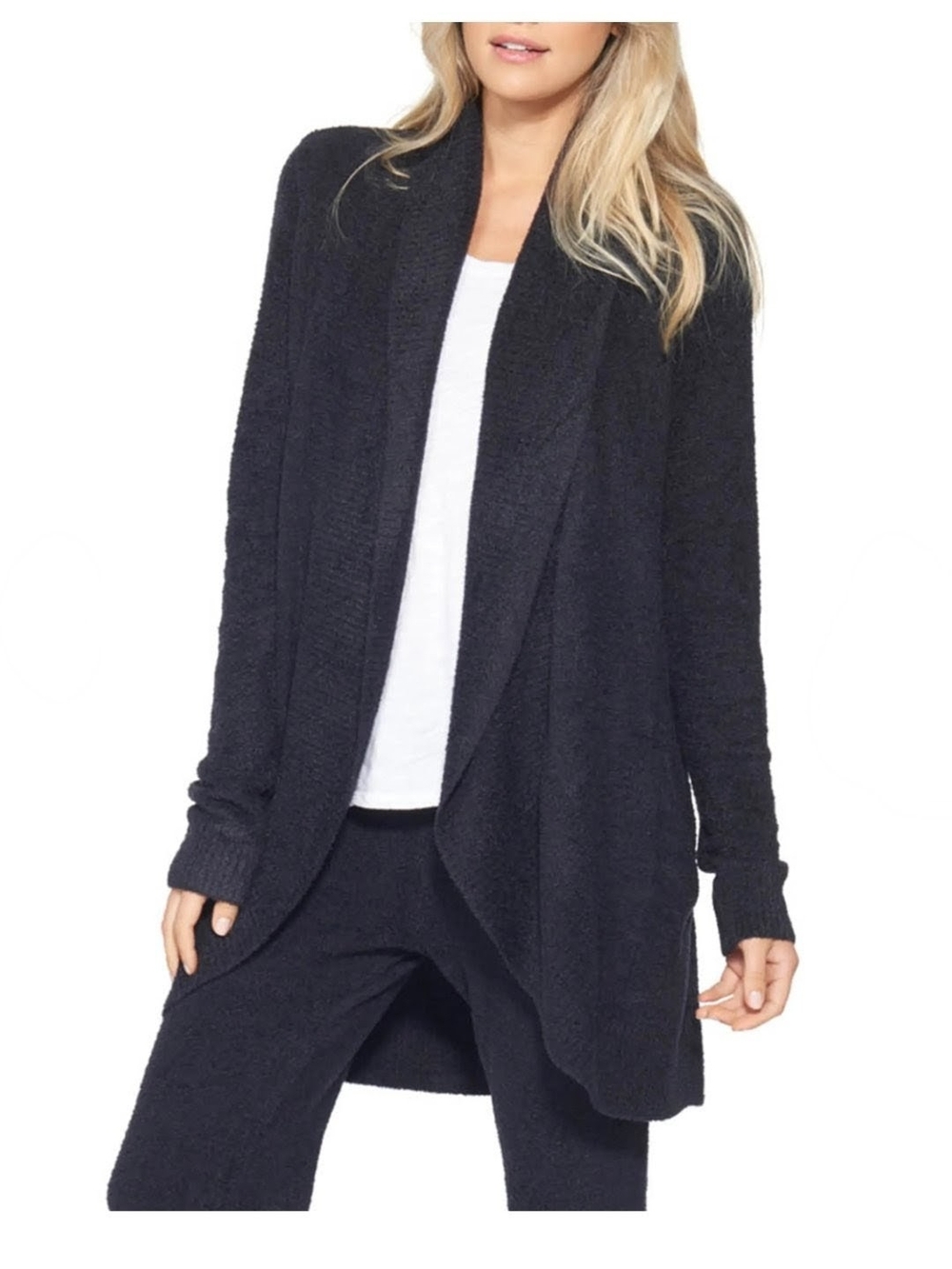 Barefoot Dreams Cozychic Lite Knit Circle Cardigan Black Shawl Collar Size S/M
